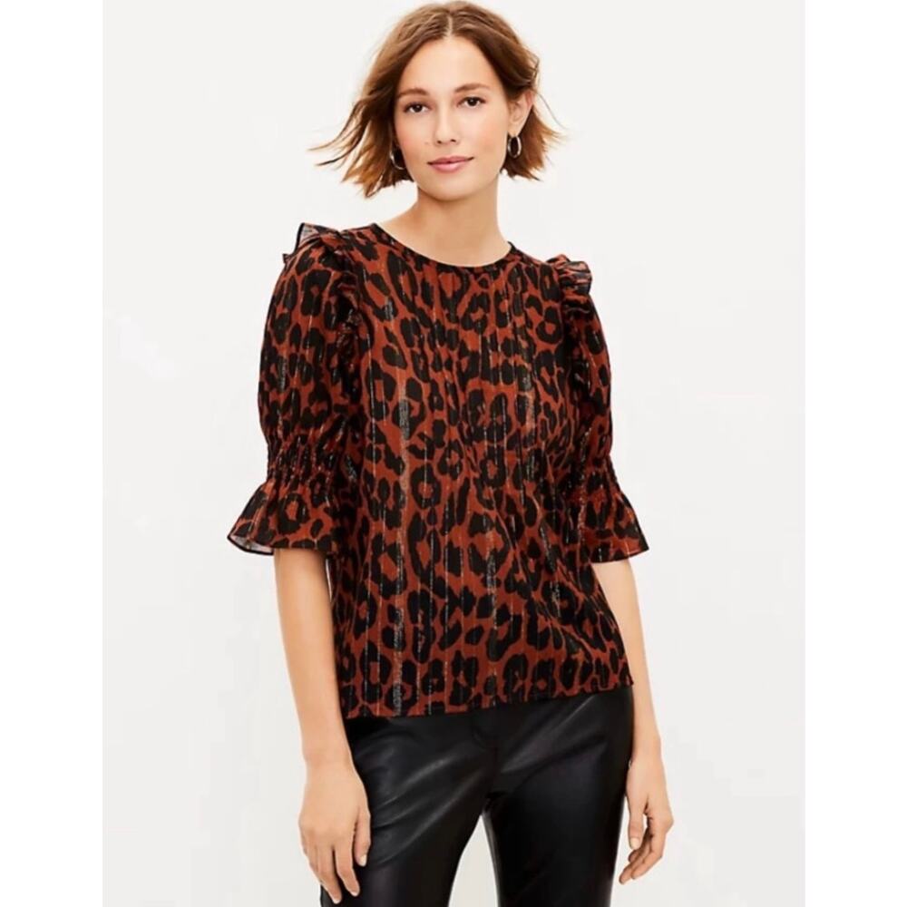 LOFT Leopard Print Gold Thread Ruffle Puff Sleeve Semi Sheer Top Blouse (size M)